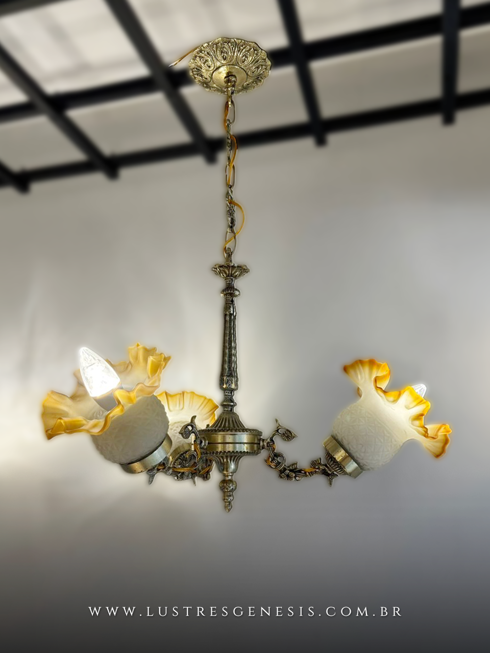 Lustre Pendente Bronze Antigo Vidro Flor &Acirc;mbar